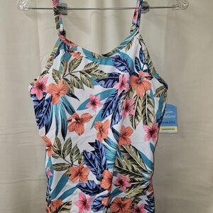 Swim Solutions Floral Tank One-Piece - White, Coral & Teal